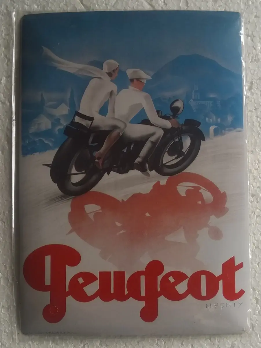 metalen ansichtkaart peugeot motorfiets 15 x 21 cm
