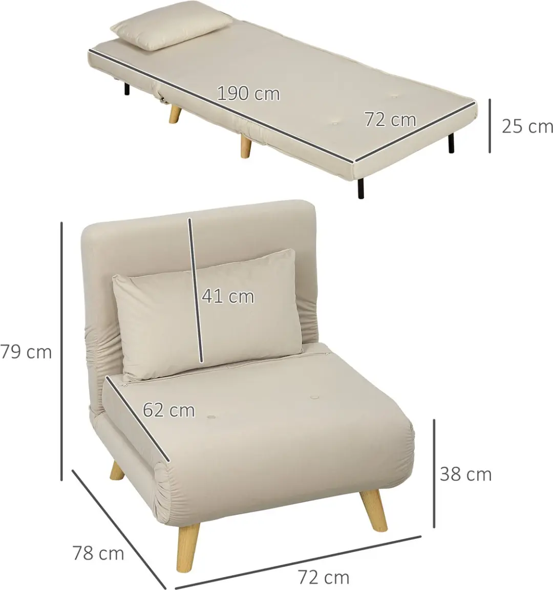 Homcom Slaapfauteuil 2-in-1 Beige - afbeelding 4 van 6