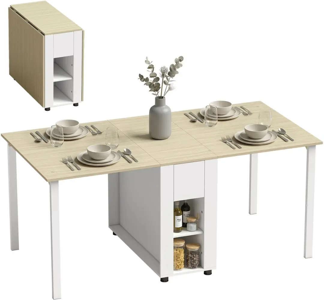 HOMCOM Inklapbare Eettafel-MDF, dennenhout-168,2L x 85B x 73H cm-Wit + Naturel h