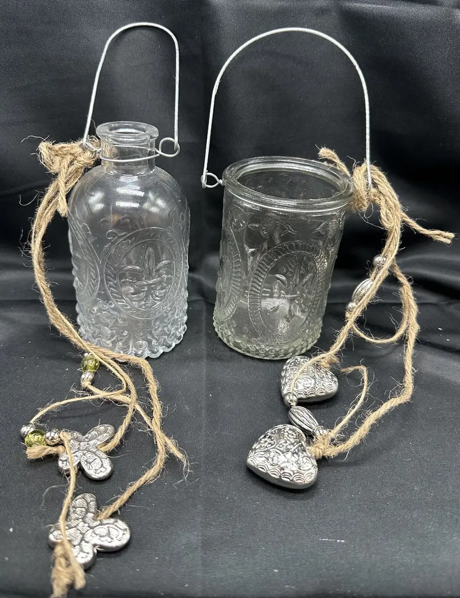 Glazen deco vaasjes met motief & touw en steentjes/kraaltjes