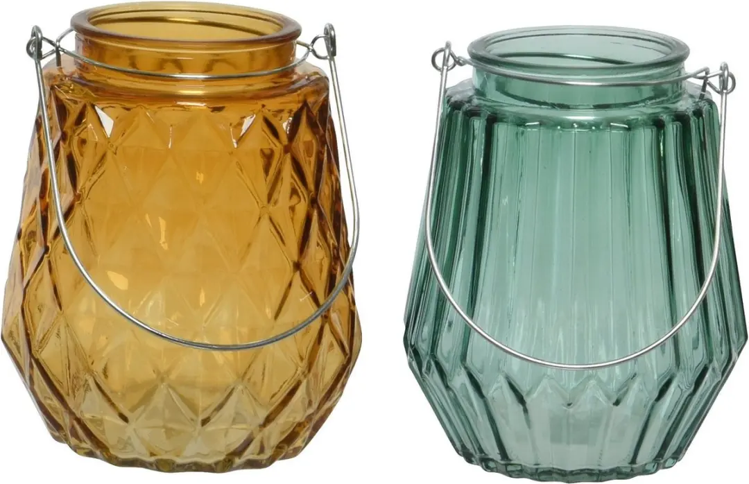 Set van 2x stuks theelichthouders/waxinelichthouders ruit/streep glas cognac/ora