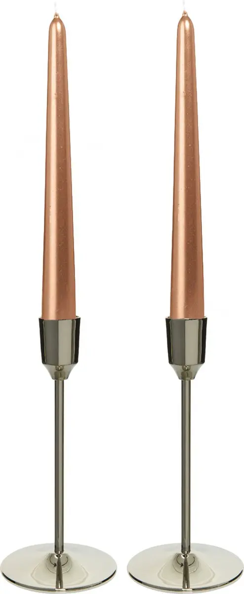 Kandelaars 2x aluminium zilver 20 cm met 12x rose gold dinerkaarsen