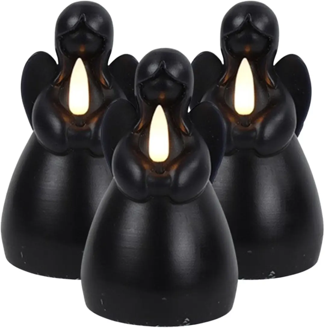Countryfield LED kaars engel - 3x - zwart - H11,5 cm - wax kaars op batterijen - kaarsen - kerst thema - kerstkaarsen