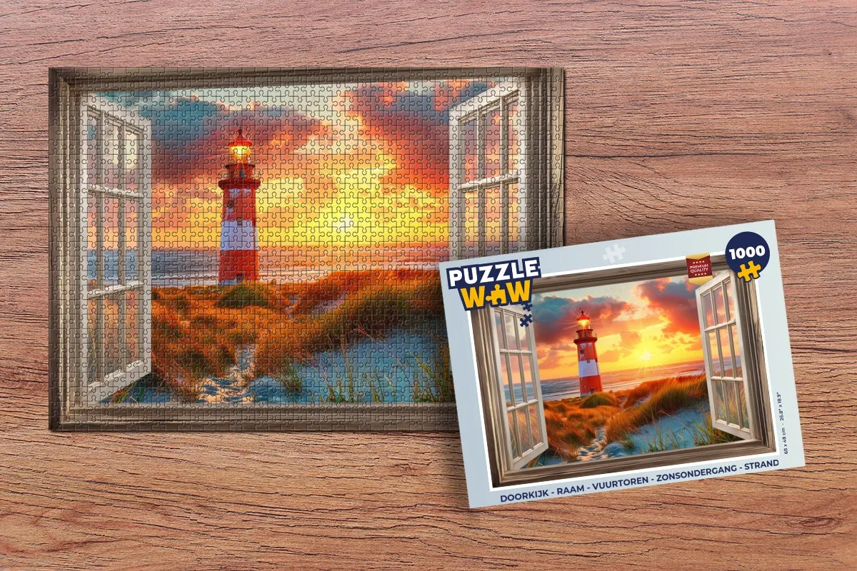 PuzzleWow Doorkijk Raam Puzzel 1000 Stuks - Vuurtoren & Zonsondergang