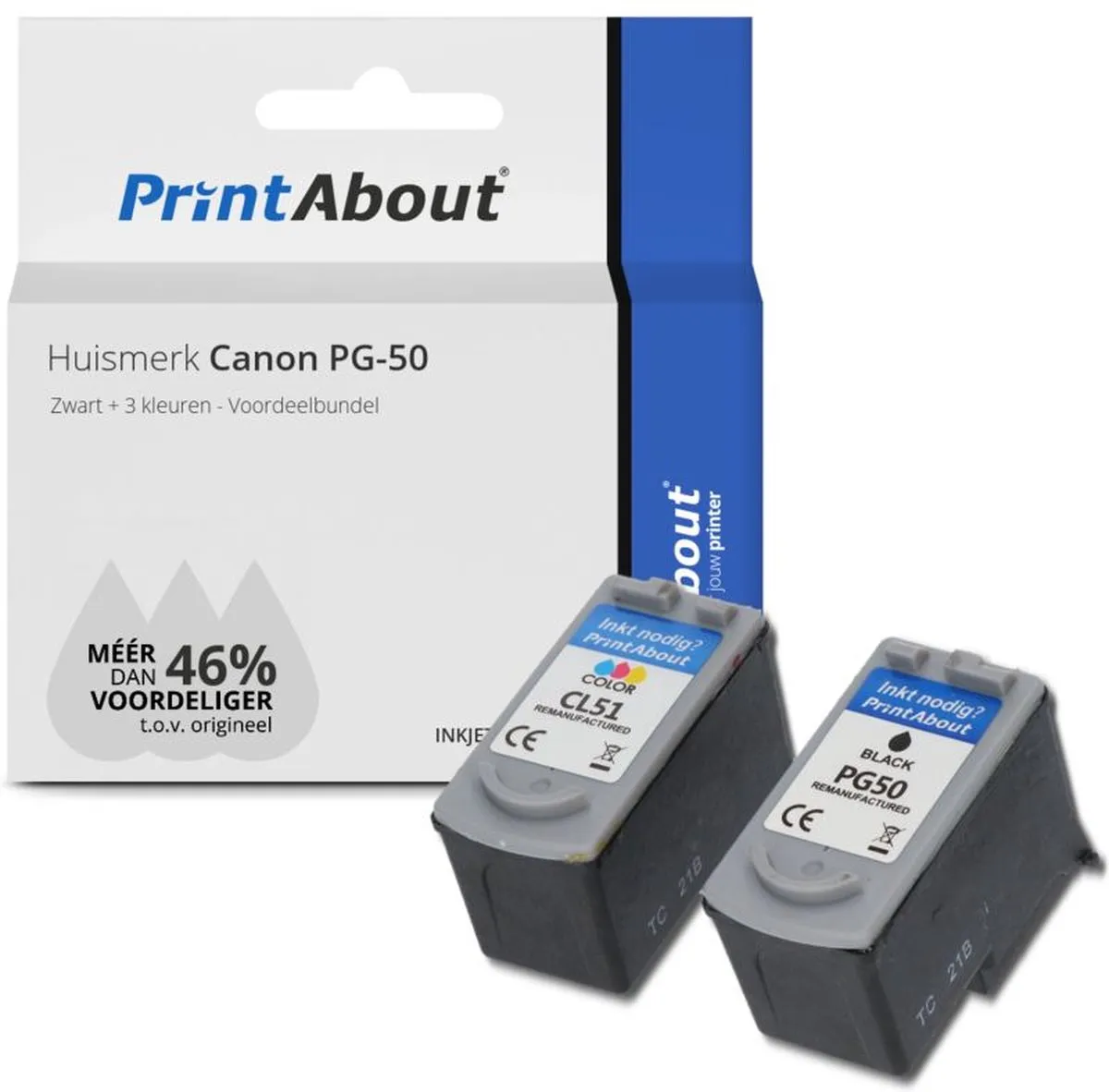 PrintAbout PG-50-PA2 Inktcartridge - Zwart + 3 Kleuren - 47ml