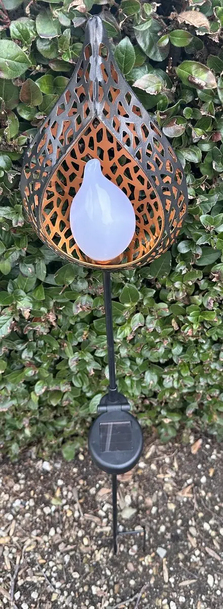 Metalen solarlamp op tuinsteker "flame lamp" -koper kleurig + oranje