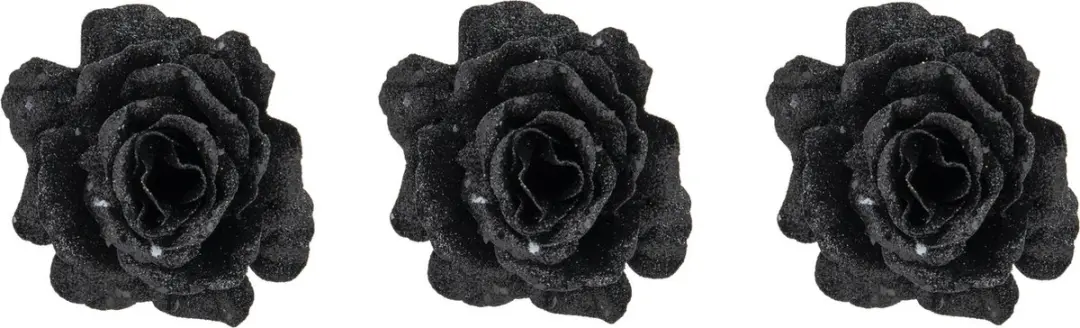 3x stuks decoratie bloemen roos zwart glitter op clip 10 cm