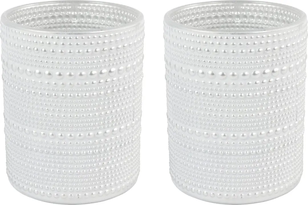 Countryfield Luxe theelichthouder - 2x stuks - Aurora - glas - parel wit/zilver - D7 x H8 cm