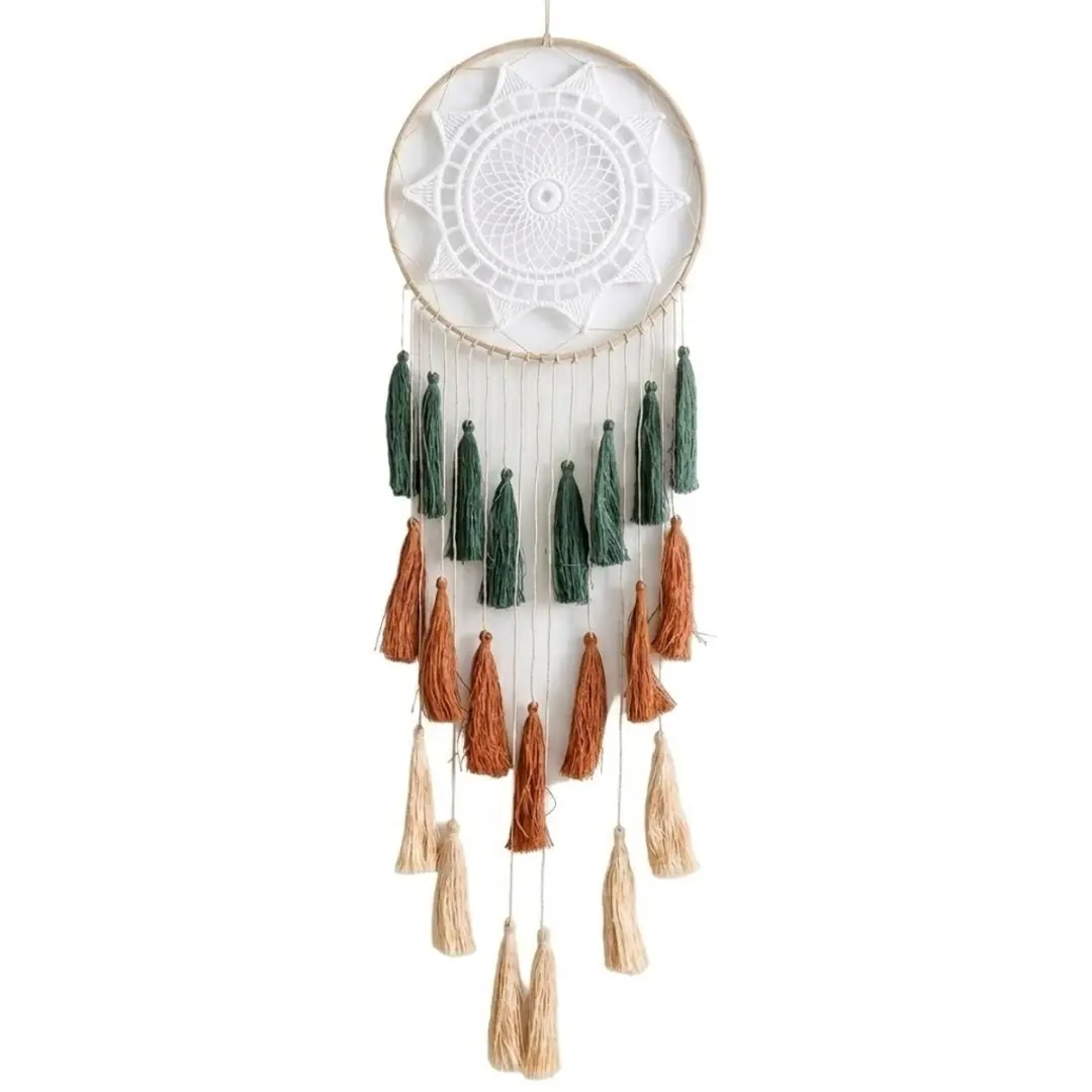 Wit groen oranje wandkleden unisex rond dromenvanger design met kwastjes en koor