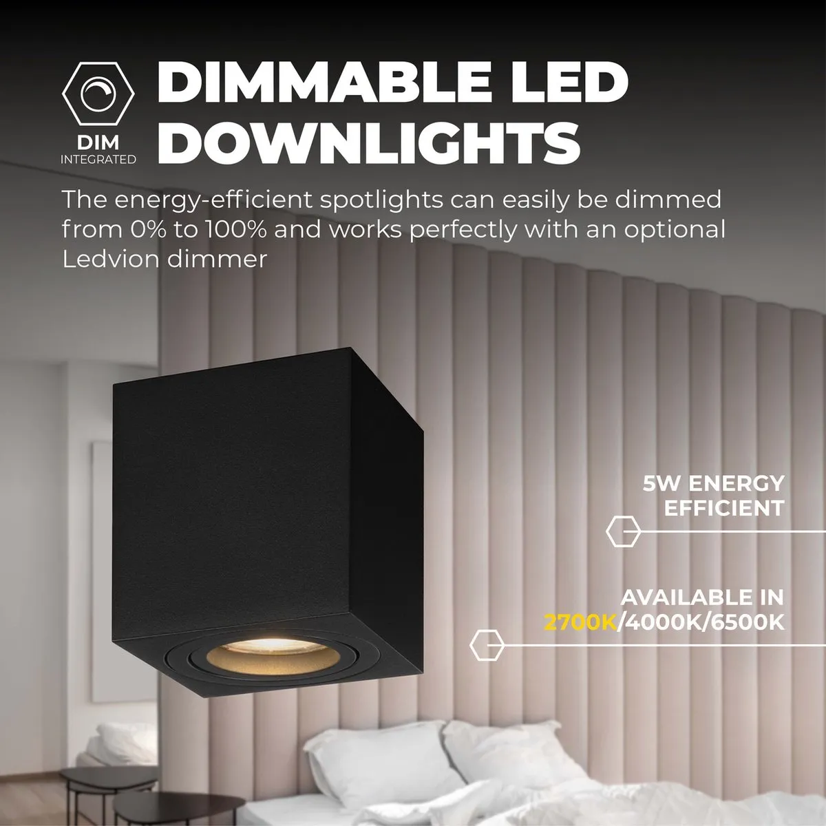 LEDVION 4x LED Opbouwspots Dimbaar 3W 2700K - Zwart - afbeelding 6 van 6