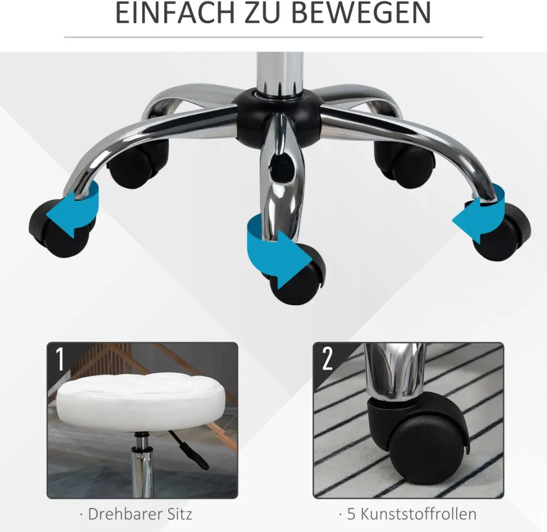 Homcom Rollhocker Kunstleder - Ø35,5cm H 51-67cm - Wit - afbeelding 6 van 6