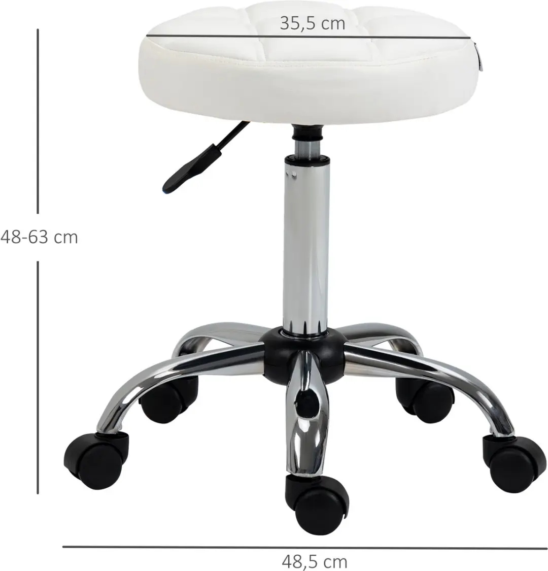 Homcom Rollhocker Kunstleder - Ø35,5cm H 51-67cm - Wit - afbeelding 4 van 6