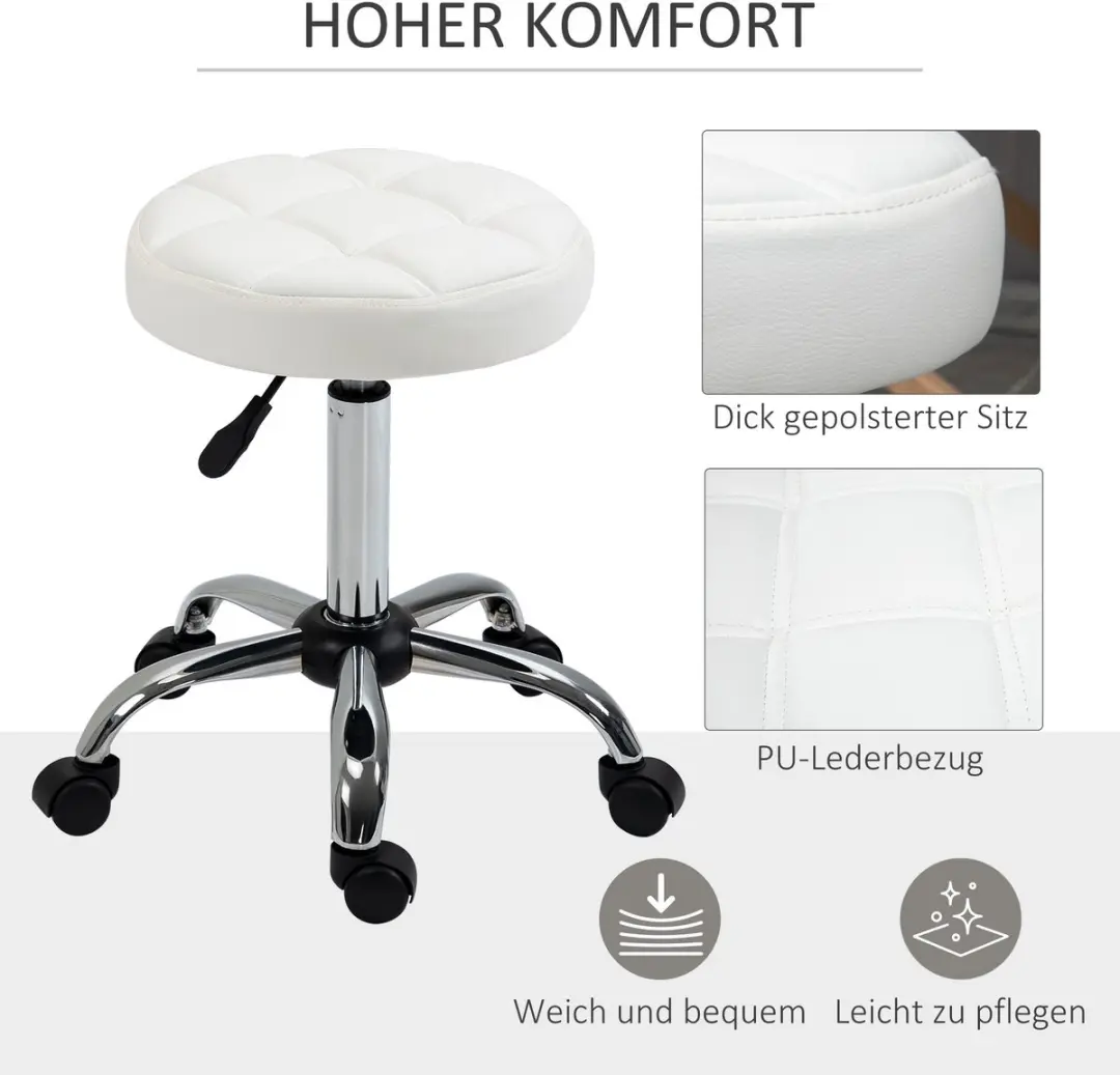 Homcom Rollhocker Kunstleder - Ø35,5cm H 51-67cm - Wit - afbeelding 5 van 6