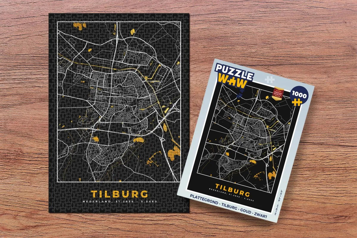 PuzzleWow Tilburg Plattegrond Legpuzzel 1000 Stuks - Goud/Zwart