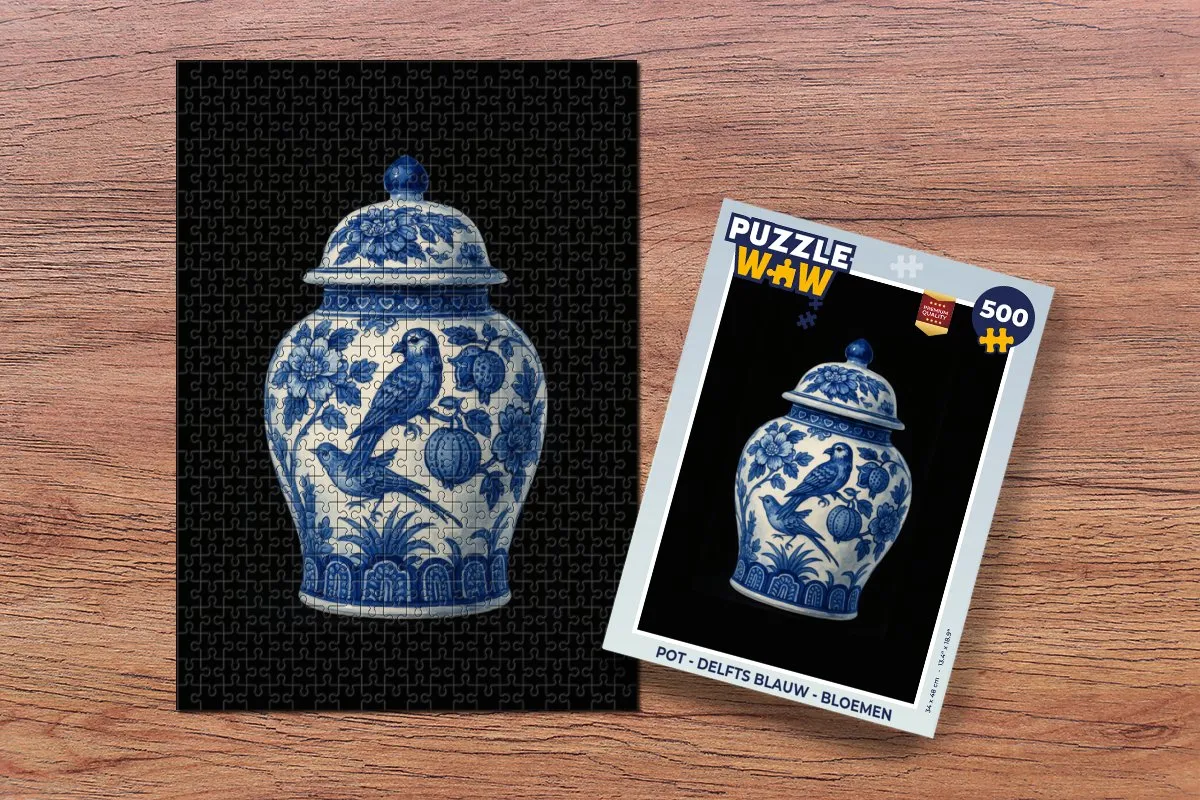 PuzzleWow Puzzel Pot Delfts Blauw Bloemen - 500 Stuks