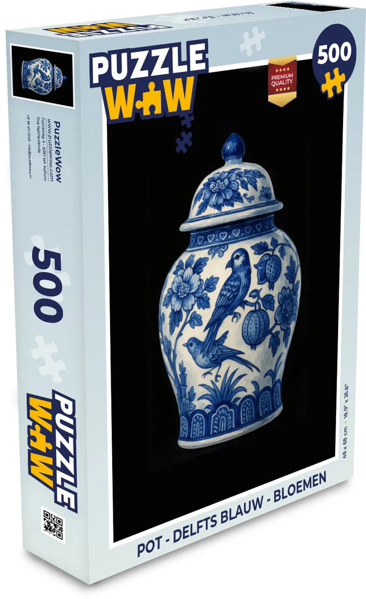 PuzzleWow Puzzel Pot Delfts Blauw Bloemen - 500 Stuks