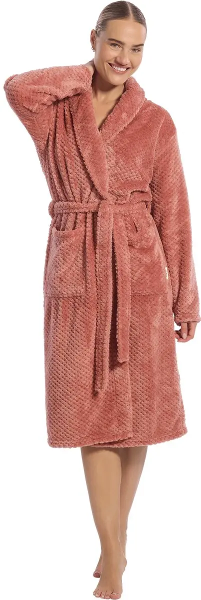 Badjas dames stippenrëlief - Fleece Badjas - Ochtendjas - Oudroze - Maat S