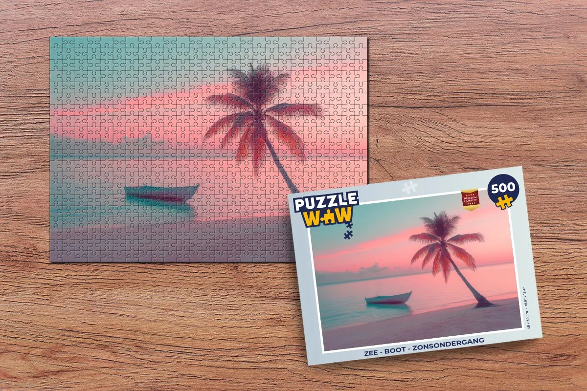 PuzzleWow Zee Boot Zonsondergang Legpuzzel 500 Stuks - Strand/Palmboom/Rozepuzzel