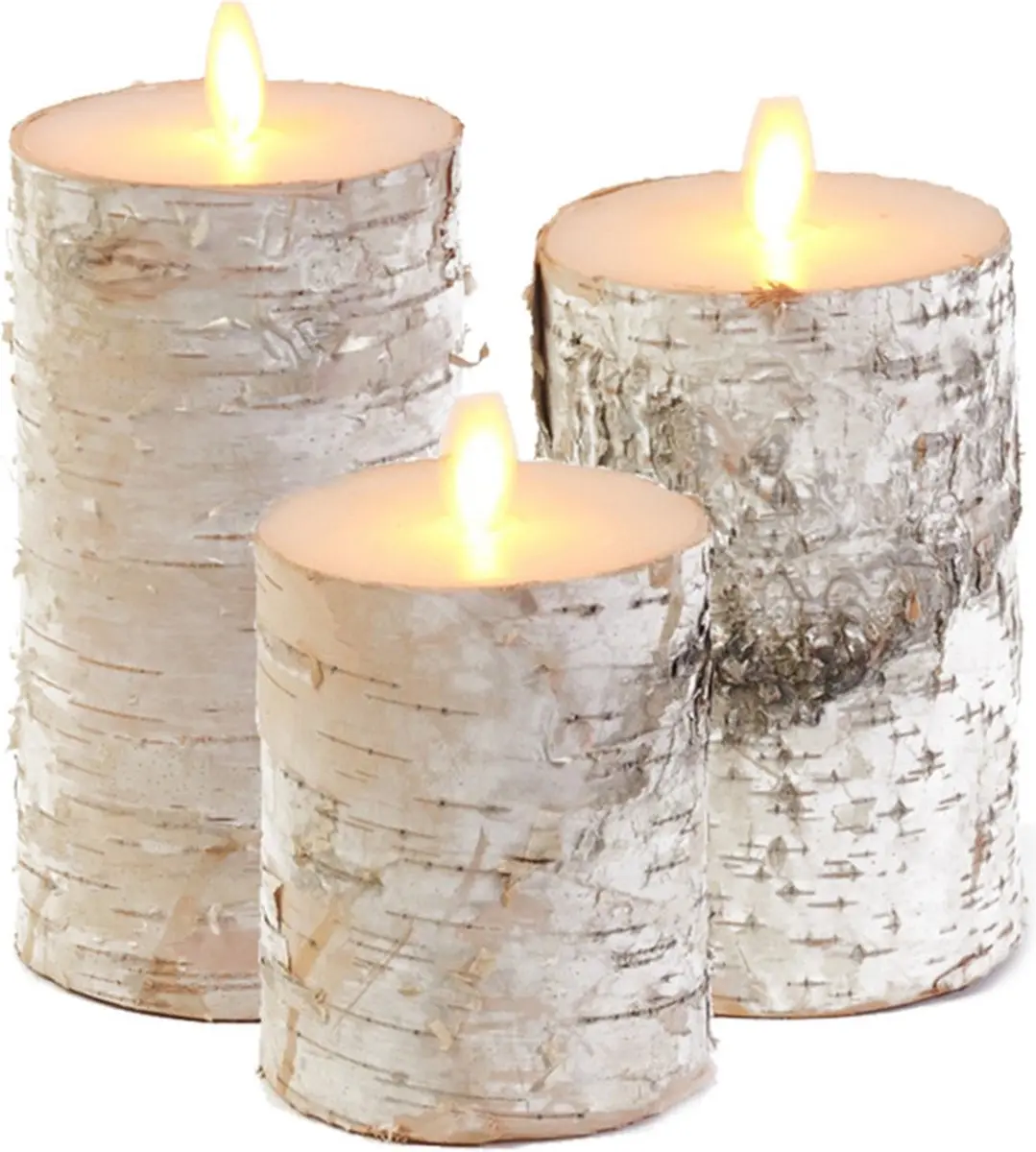 Set van 3x stuks Wit berkenhout Led kaarsen met bewegende vlam