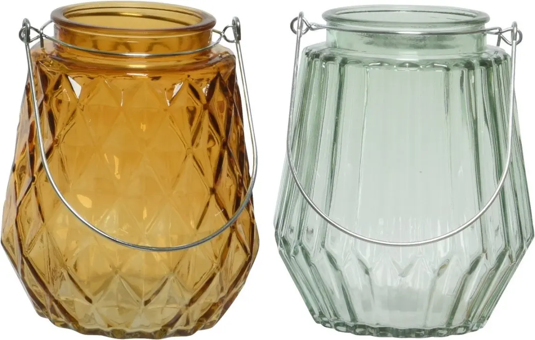 Set van 2x stuks theelichthouders/waxinelichthouders ruit/streep glas cognac/ora