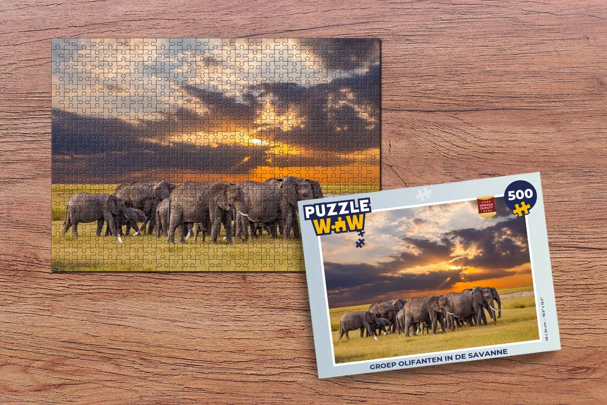 PuzzleWow Legpuzzel Olifanten in de Savanne 500 Stuks - Multicolor