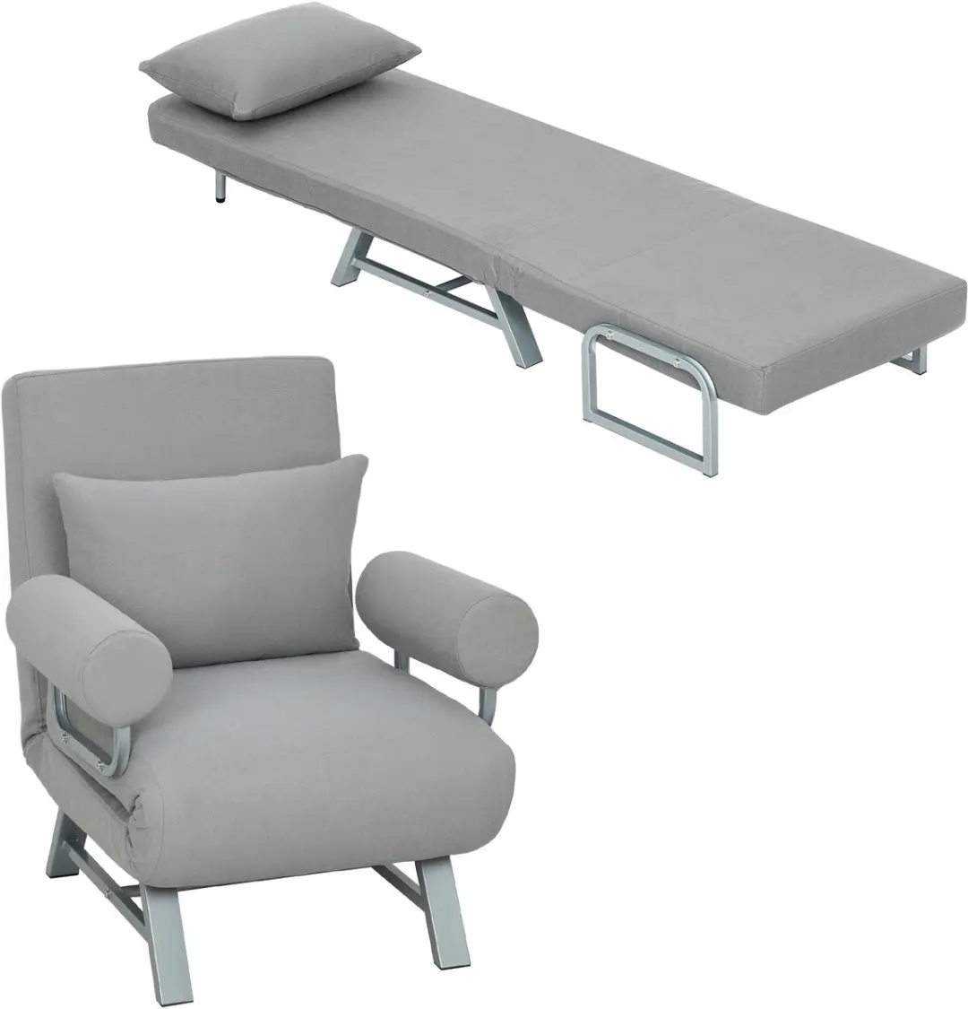 Homcom Chair Bed-Polyester, Metaal-78L x 73B x 81H cm-Lichtgrijs