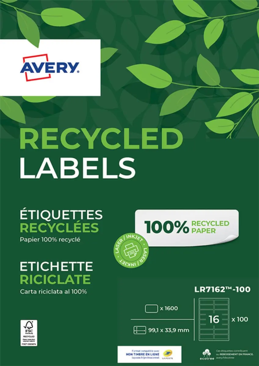 Etiket avery lr7162-100 99.1x33.9mm wit 1600st