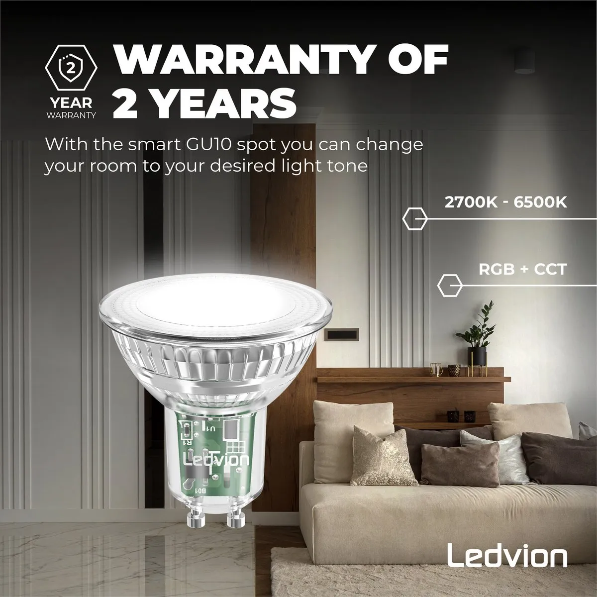 LEDVION 2x Smart RGB+CCT GU10 Spot 4,9W - 345lm - Wifi/Alexa/Google Home