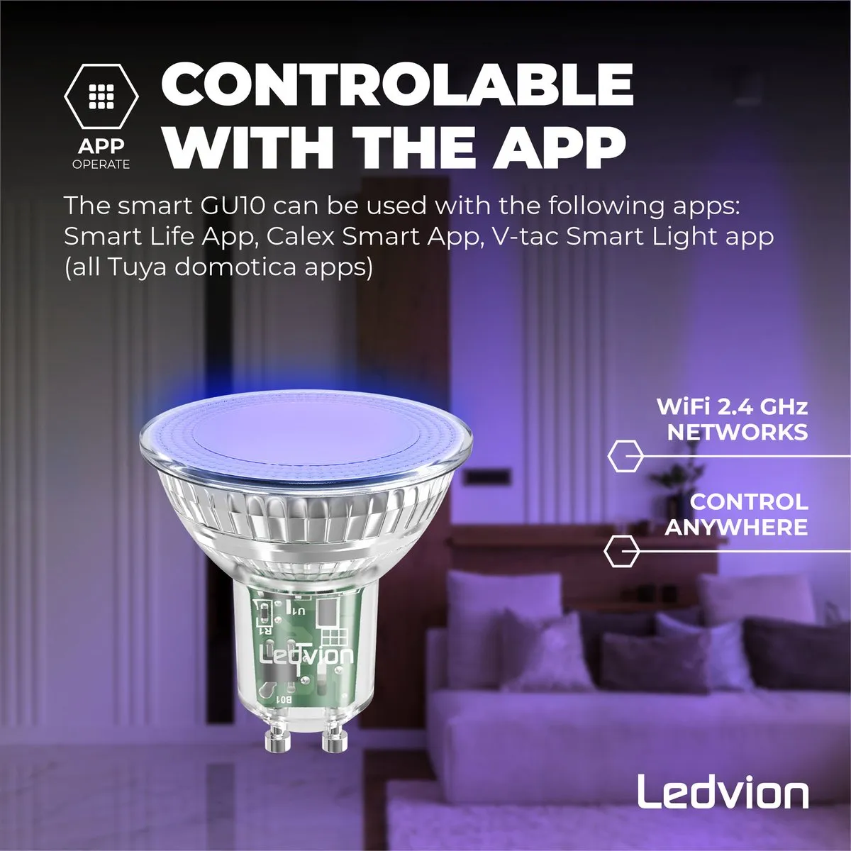 LEDVION 2x Smart RGB+CCT GU10 Spot 4,9W - 345lm - Wifi/Alexa/Google Home