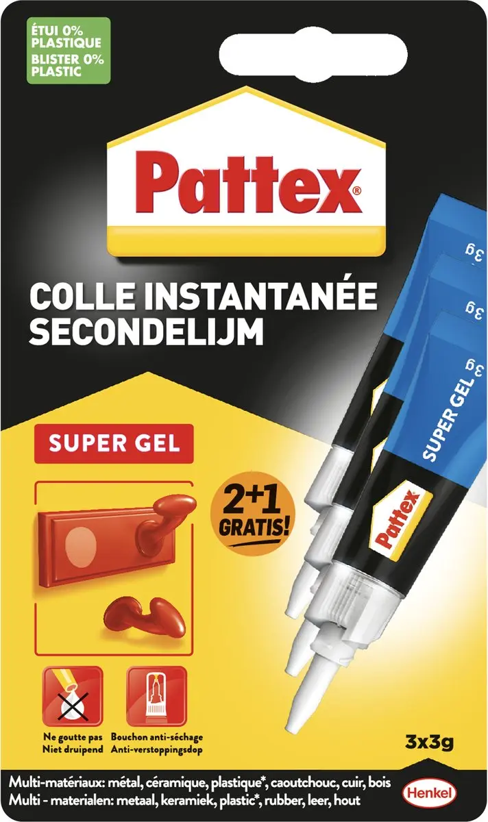 Secondelijm pattex super gel 3gr blister 2+1