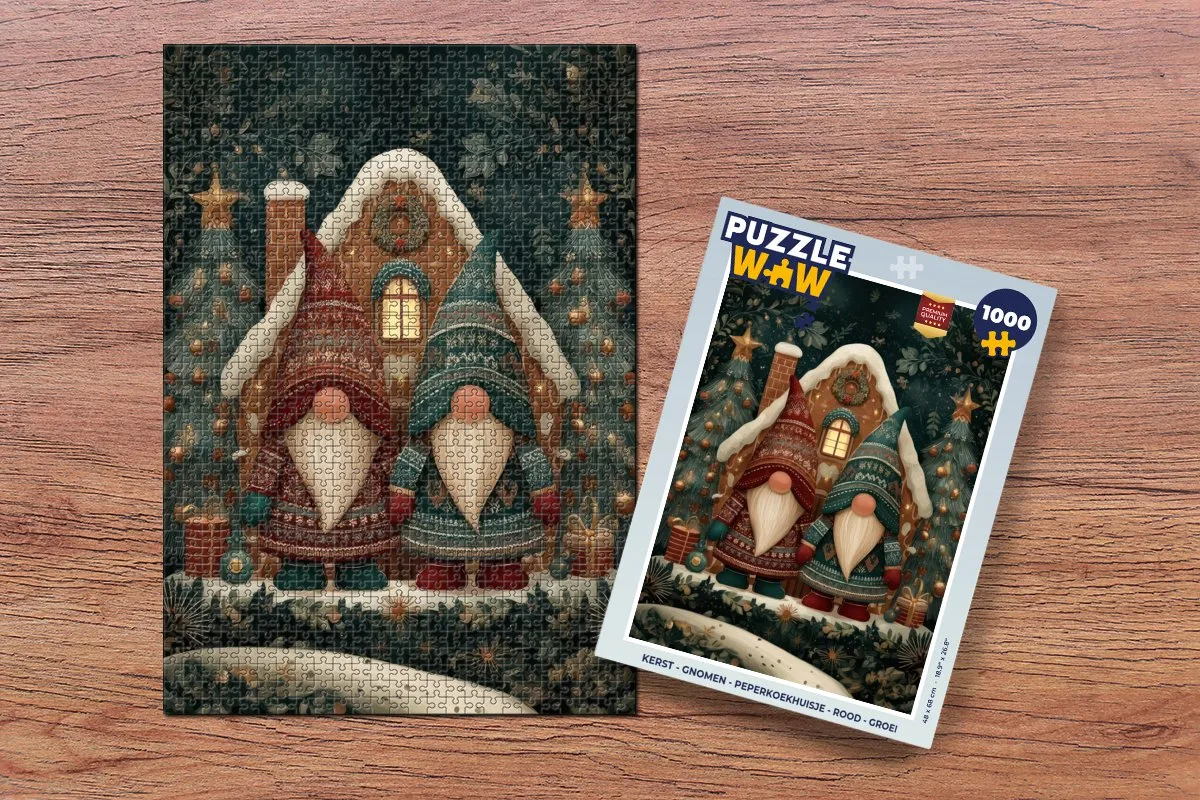 PuzzleWow Kerst Gnomen Peperkoekhuisje 1000 Stuks - Rood/ Groen
