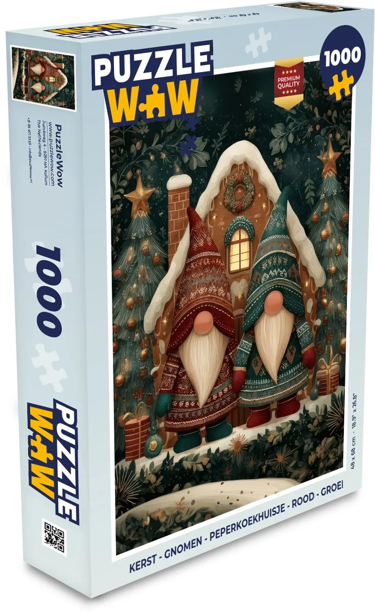 PuzzleWow Kerst Gnomen Peperkoekhuisje 1000 Stuks - Rood/ Groen