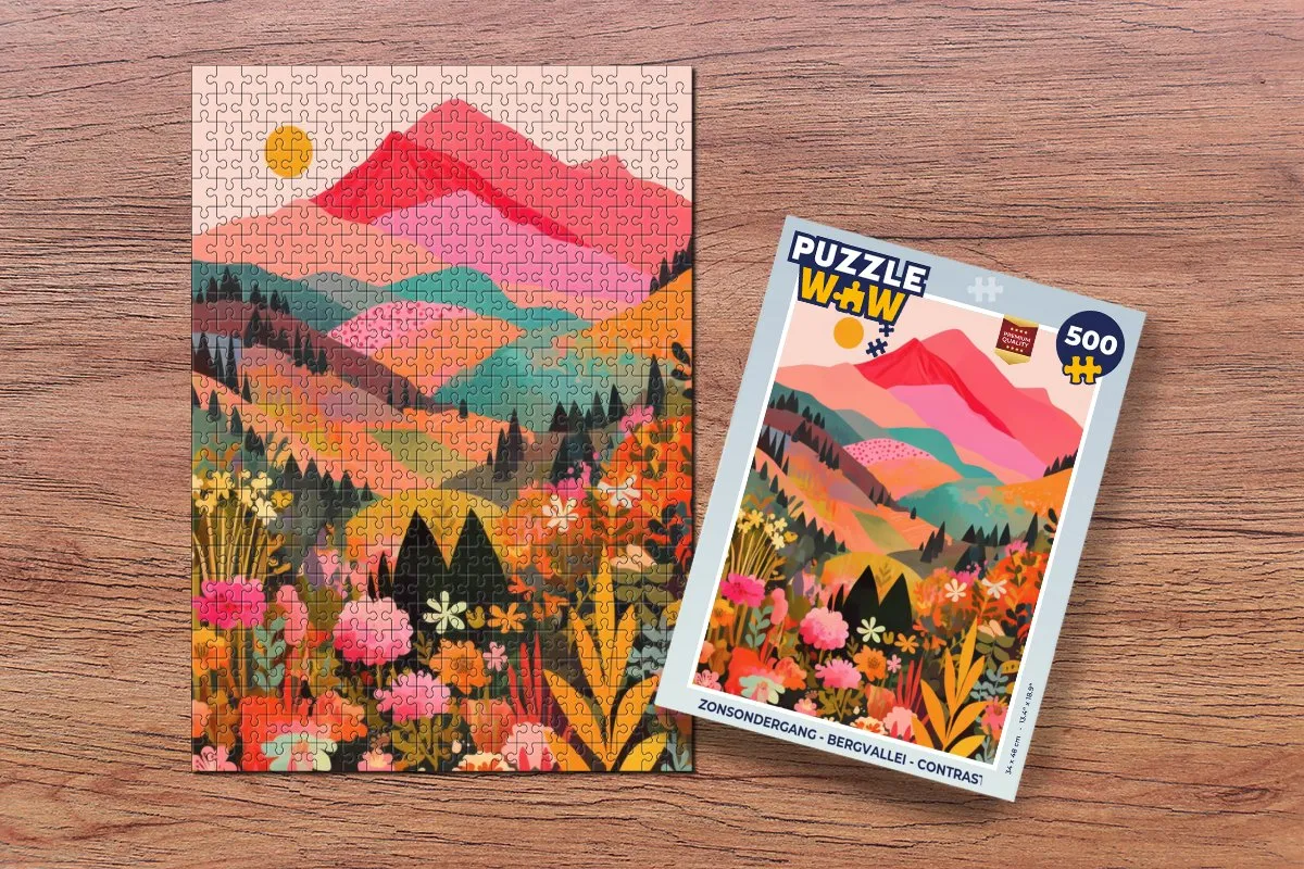 PuzzleWow Zonsondergang Bergvallei Legpuzzel 500 Stuks - Bergen/Bloemen/Zonsondergang