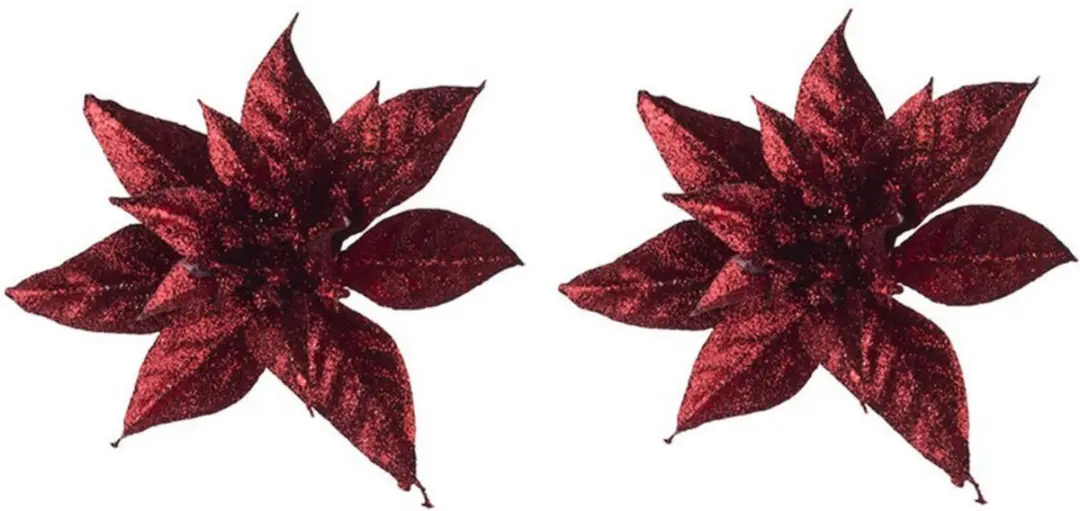 2x Kerstboomversiering op clip bordeaux/donkerrode glitter bloemen 8 cm- kerstbo
