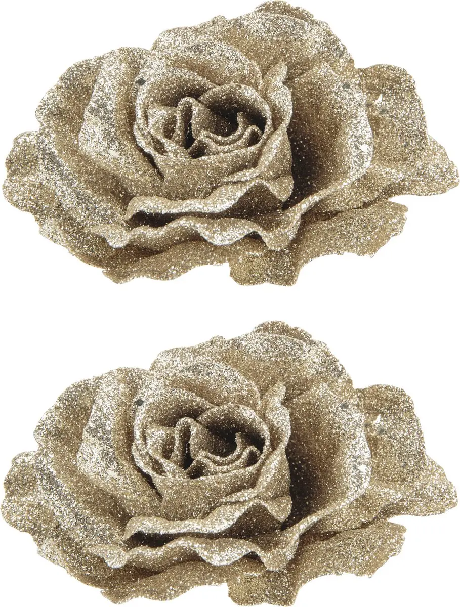 4x stuks decoratie bloemen roos champagne glitter op clip 10 cm