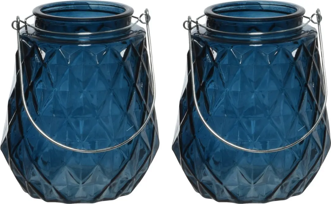 2x stuks theelichthouders/waxinelichthouders ruitjes glas donkerblauw met metale