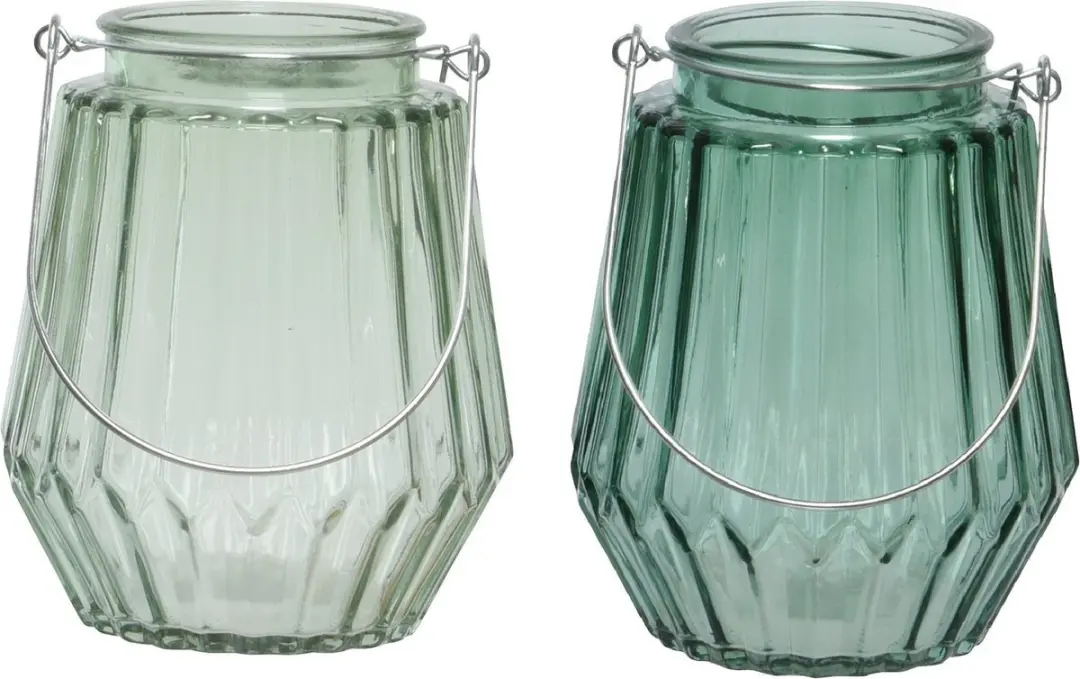 Set van 2x stuks theelichthouders/waxinelichthouders streep glas zeegroen en mis