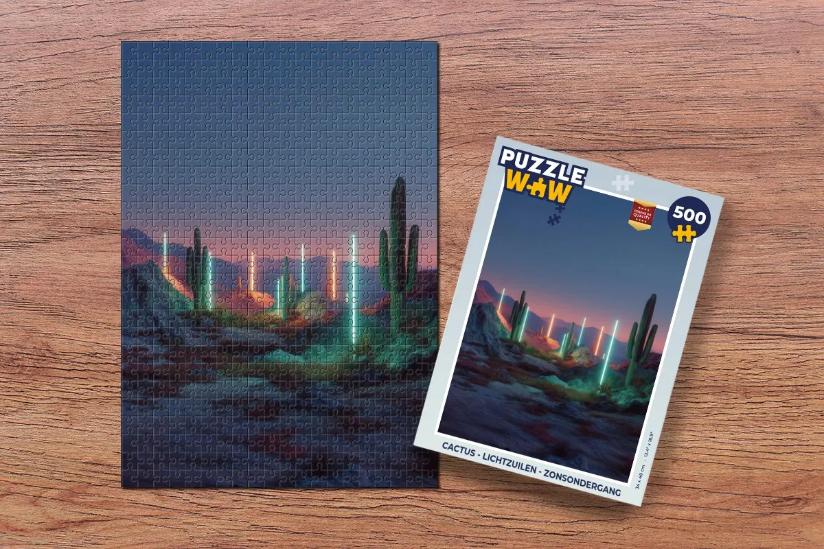 PuzzleWow Cactus Lichtzuilen Zonsondergang Legpuzzel 500 Stuks