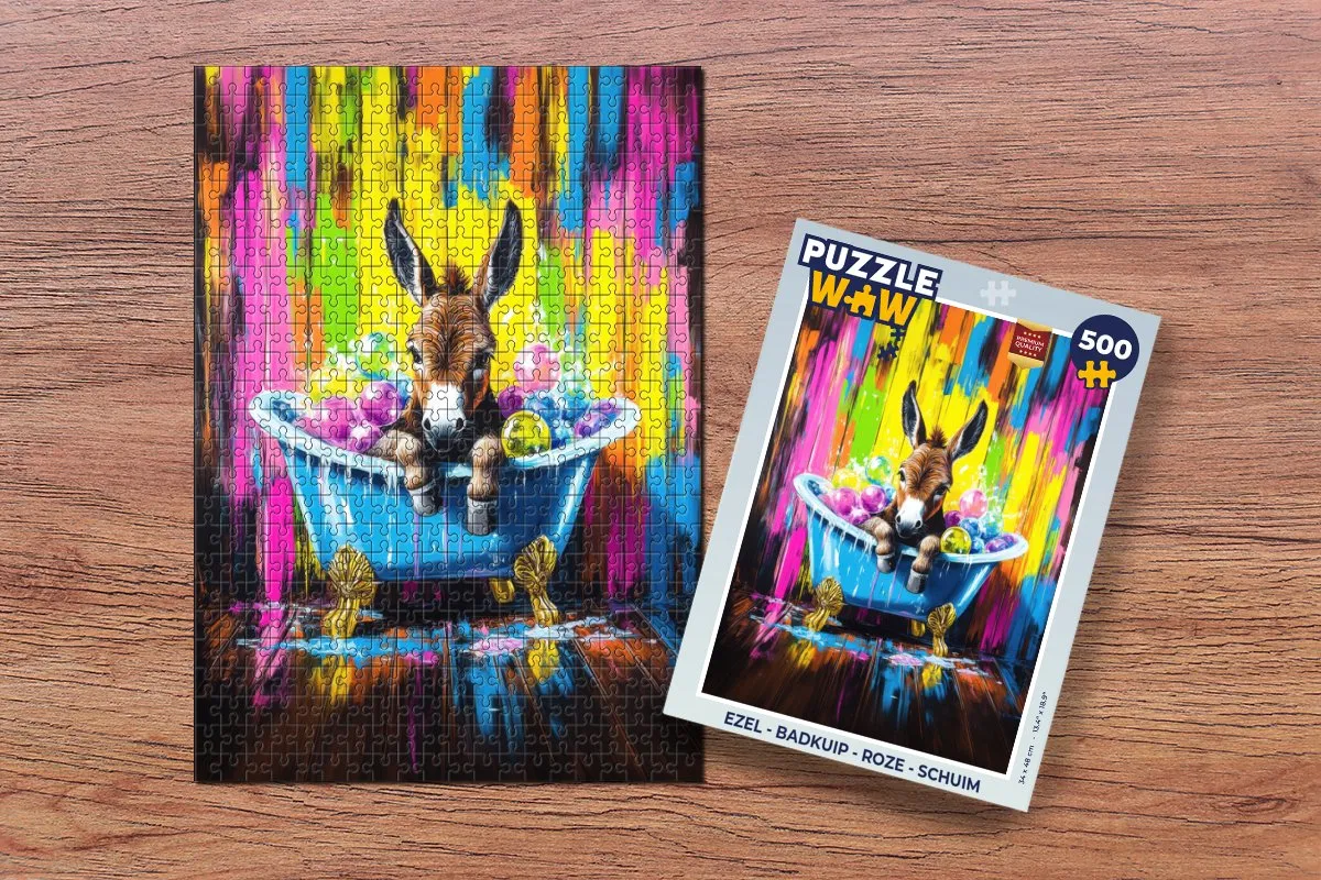PuzzleWow Puzzel Ezel Badkuip Legpuzzel 500 Stuks - Roze Schuim