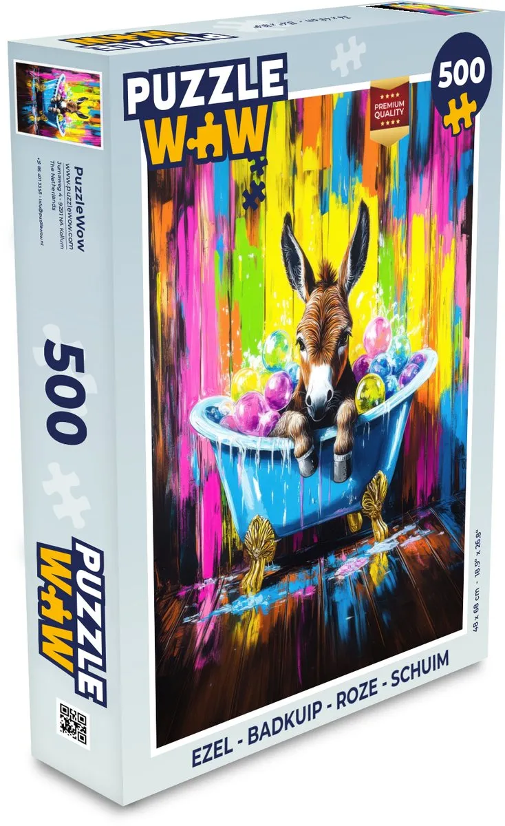 PuzzleWow Puzzel Ezel Badkuip Legpuzzel 500 Stuks - Roze Schuim