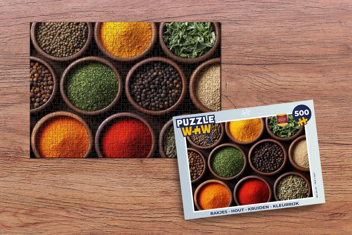 PuzzleWow Puzzel Bakjes Hout Kruiden 500 Stuks - Kleurrijk