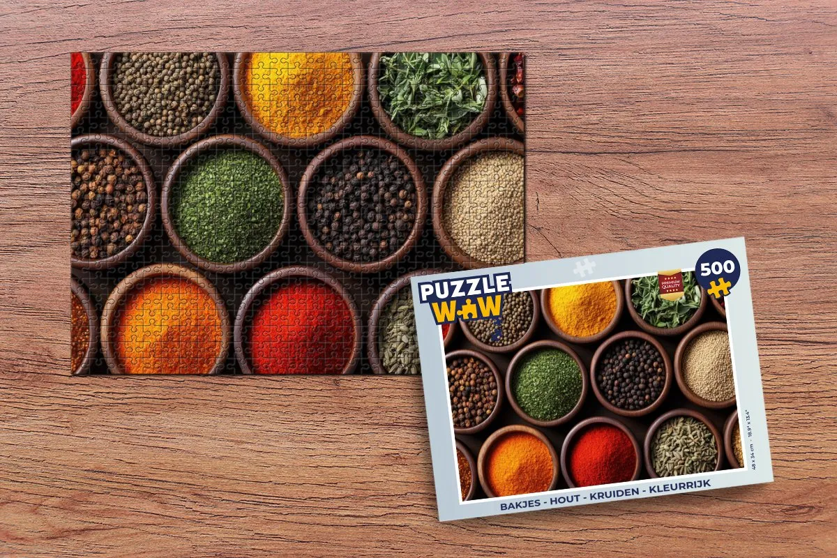 PuzzleWow Puzzel Bakjes Hout Kruiden 500 Stuks - Kleurrijk