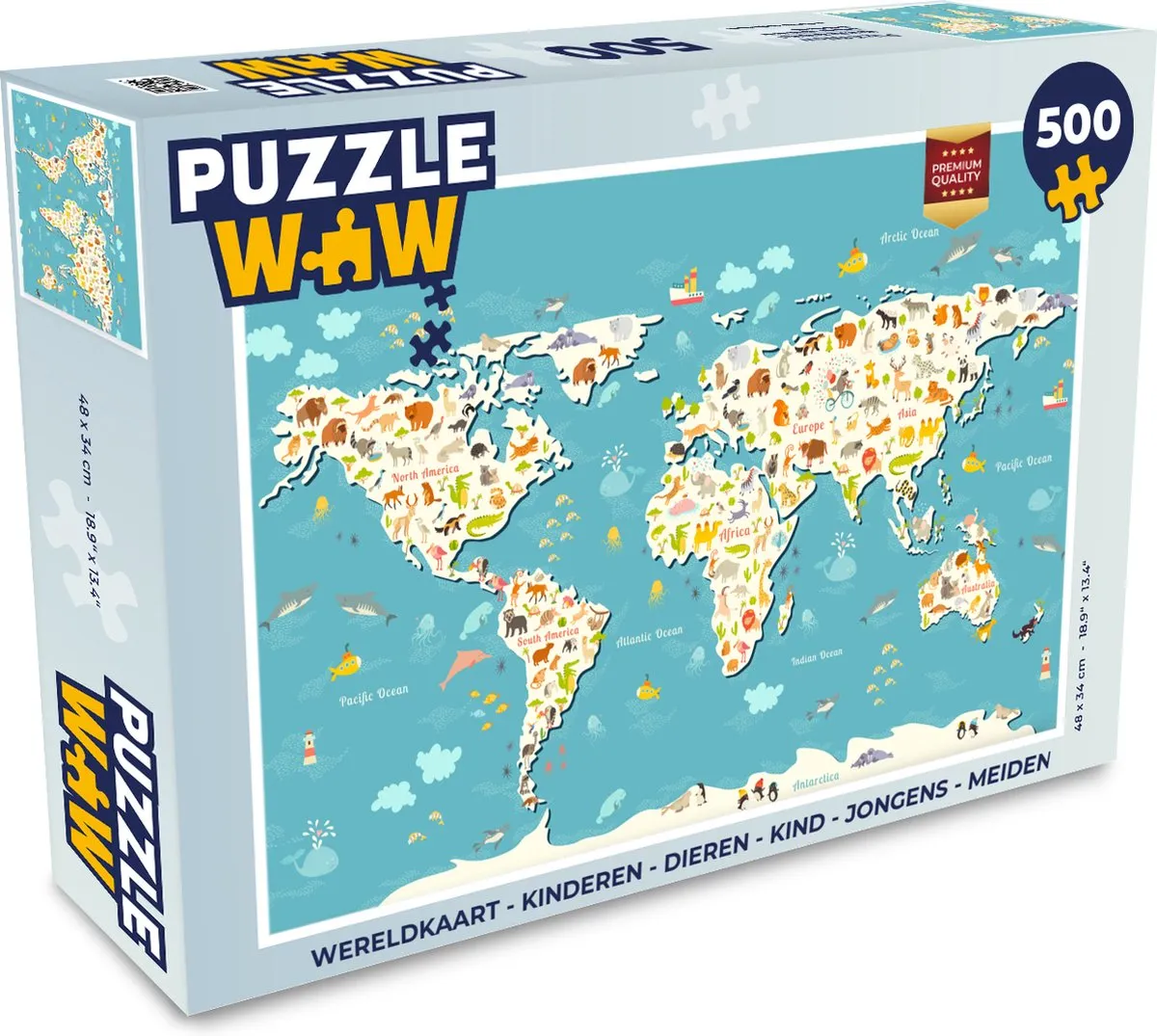 PuzzleWow Wereldkaart Dieren Puzzel 500 Stuks