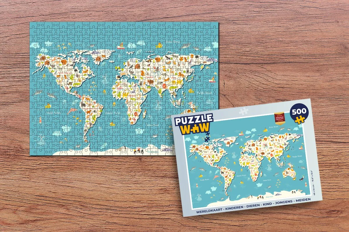 PuzzleWow Wereldkaart Dieren Puzzel 500 Stuks - Multicolor