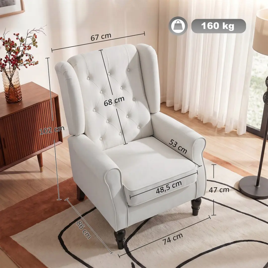 Homcom Relaxstoel met Oorfauteuil Crèmewit 74x86x102cm - afbeelding 4 van 6