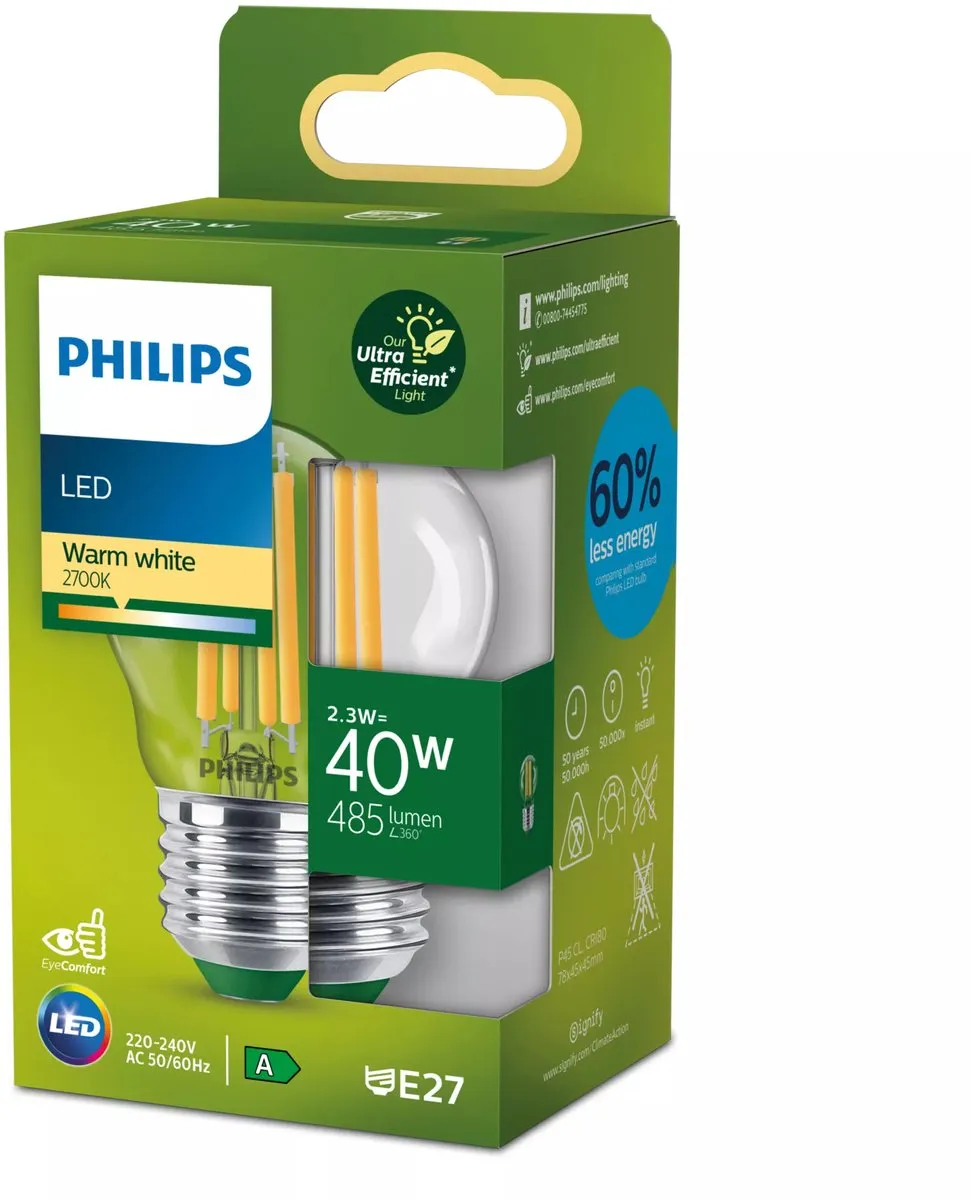 Philips Ultra Efficient LED Kogellamp 2.3W E27 Warmwit