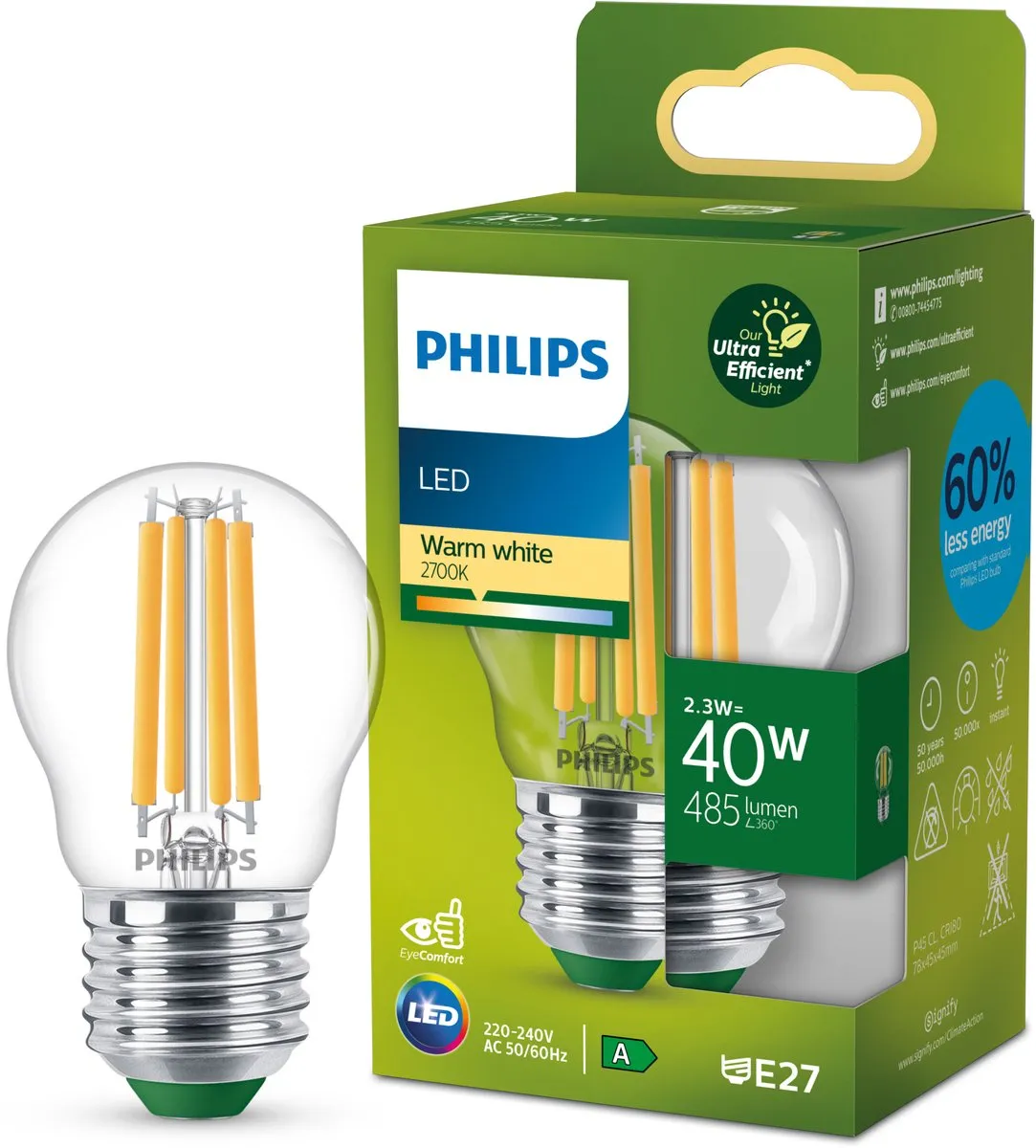 Philips Ultra Efficient LED Kogellamp 2.3W E27 Warmwit