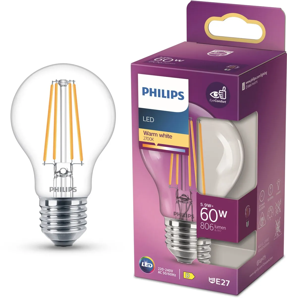 Philips LED Transparante Lamp 7W E27 Warmwit
