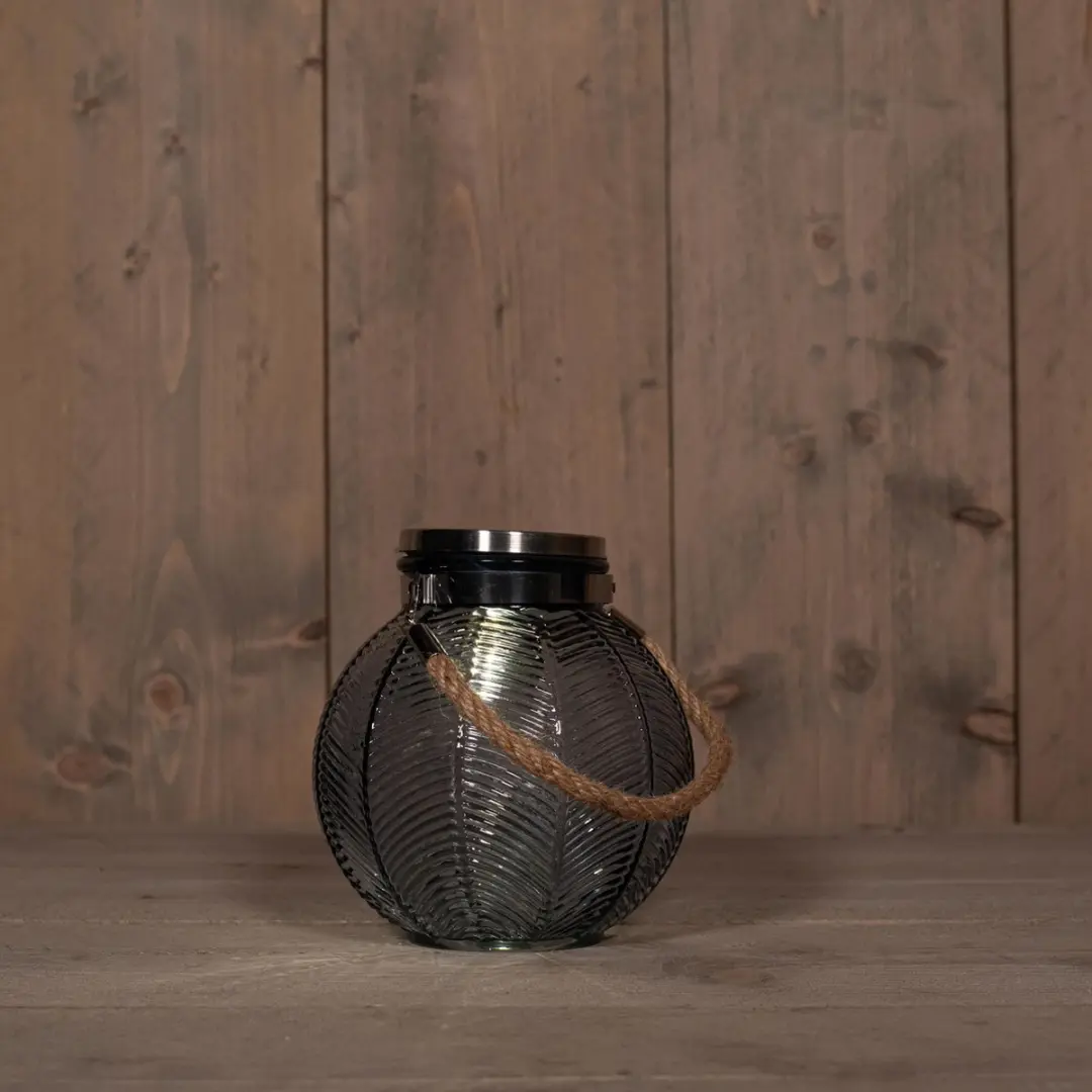 Grijze solar lantaarn van gestreept glas rond 16 cm