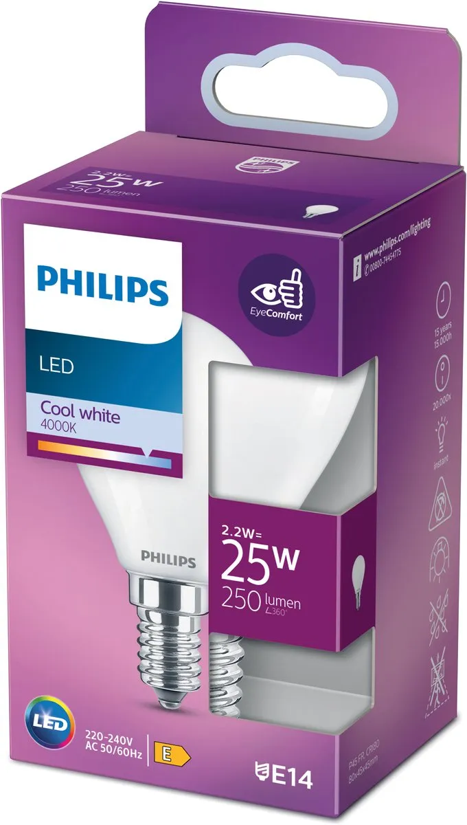Philips LED Kogellamp E14 25W Koelwit Mat Glas